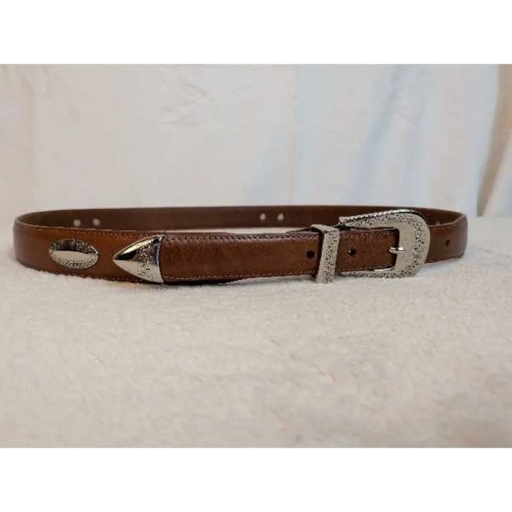 Western Style Leather Belt Silver Buckle & Conchos Brown Size 40
